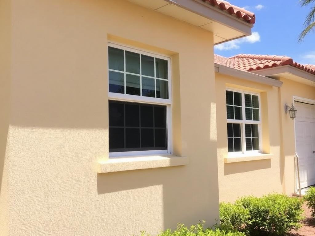 After: smooth repaired and repainted cream stucco exterior wall on the same Kendall home