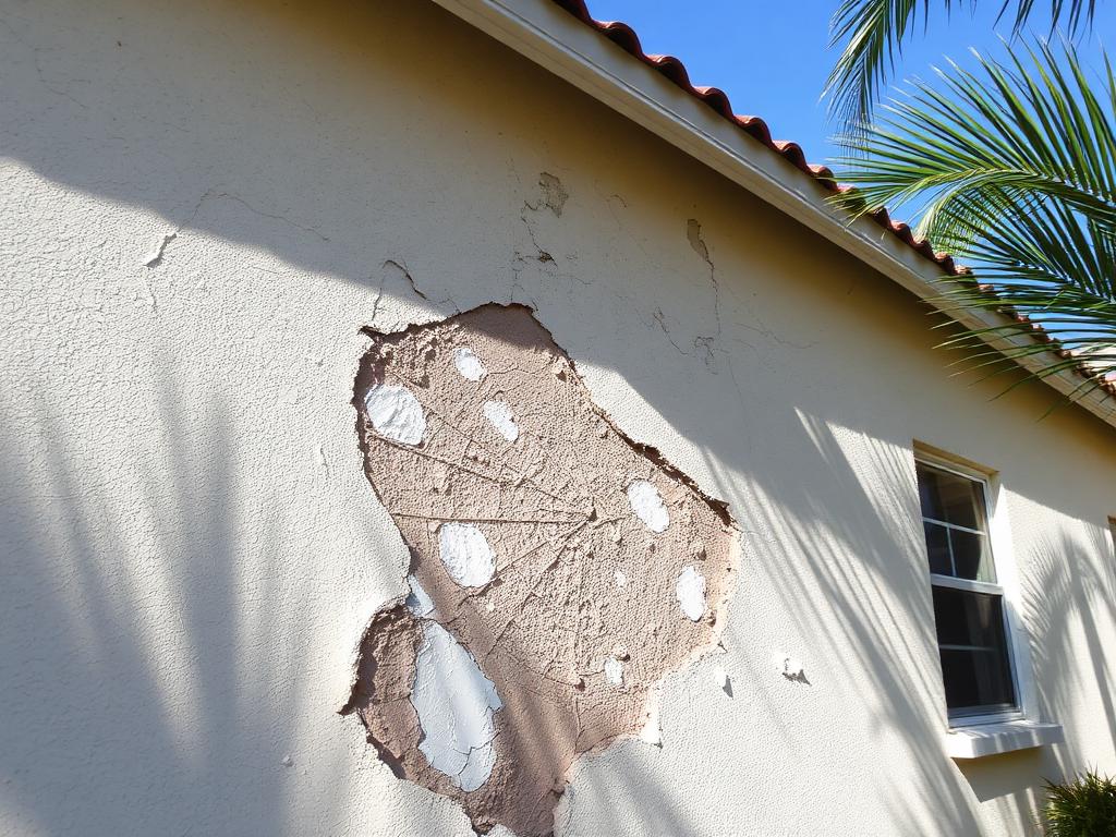 Before: cracked and blown-out stucco patch on a cream South Florida home exterior wall in Kendall