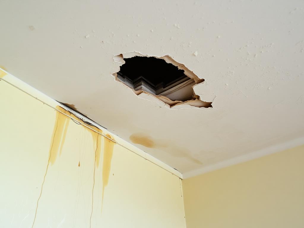 Before: interior ceiling with a hole and brown water stains running down the wall in a Hollywood condo