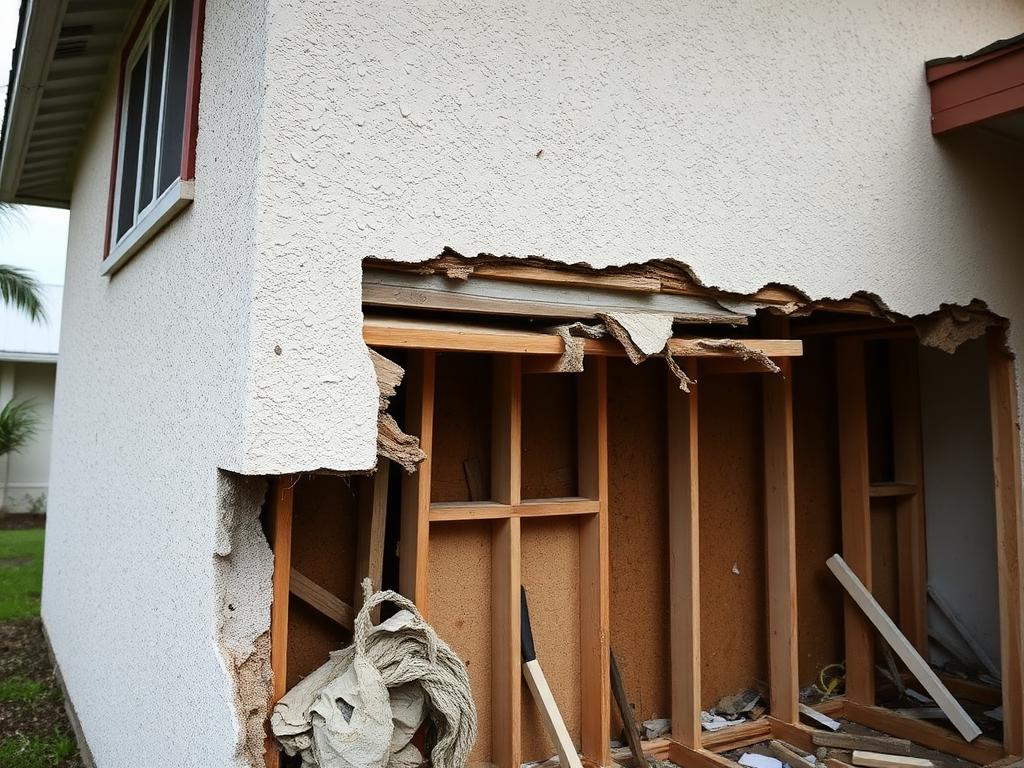 Before: storm-damaged Homestead house exterior with broken stucco exposing wall framing and debris