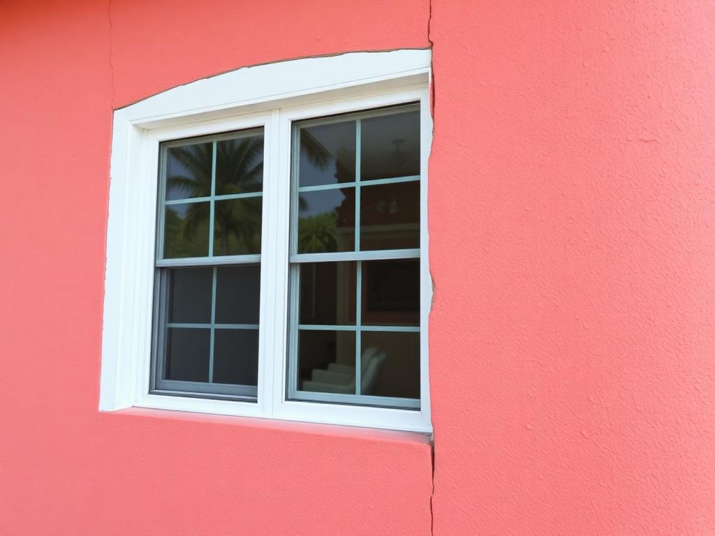 After: repaired and repainted coral exterior wall with the crack sealed and texture matched in Coral Gables