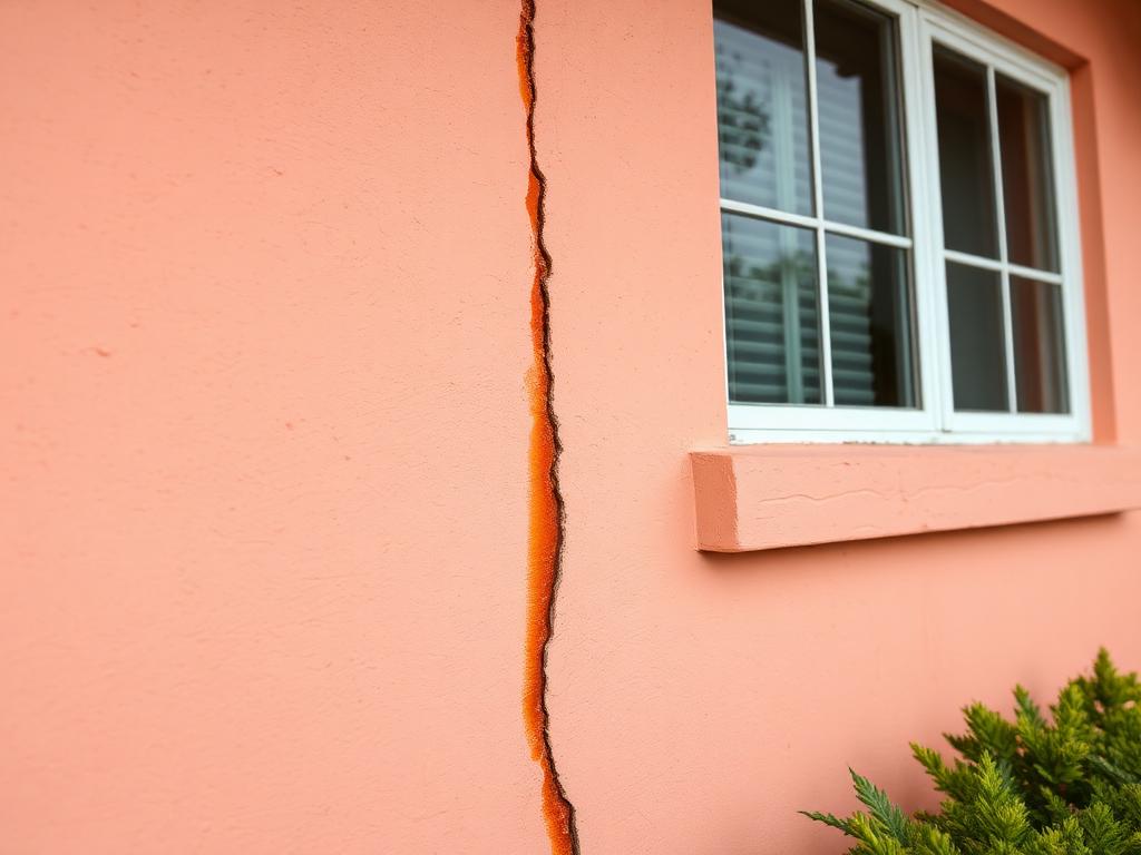 Before: long vertical crack with rust staining on a coral-colored Coral Gables exterior wall beside a window