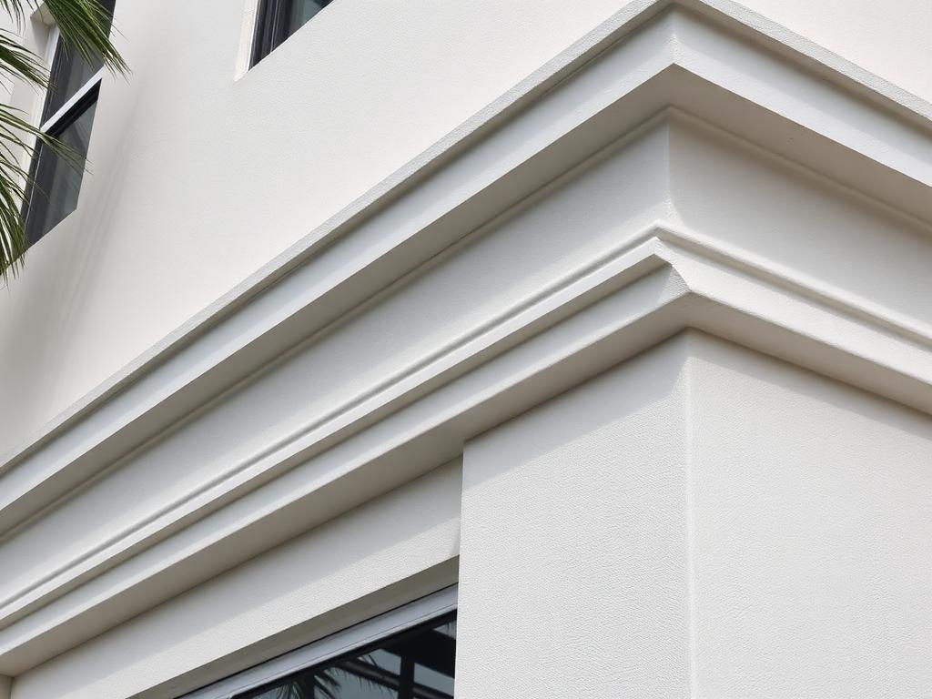 After: restored commercial parapet with crisp bands and even white stucco finish in Fort Lauderdale