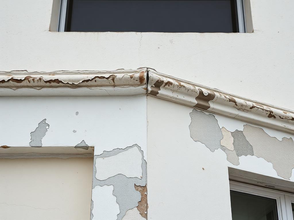 Before: commercial building parapet with peeling paint, rust stains and patchy stucco in Fort Lauderdale