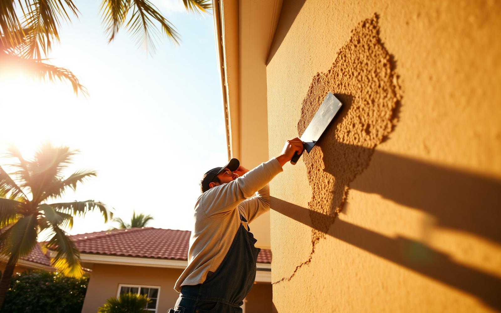 Craftsman troweling fresh stucco onto a sunlit South Florida home exterior wall